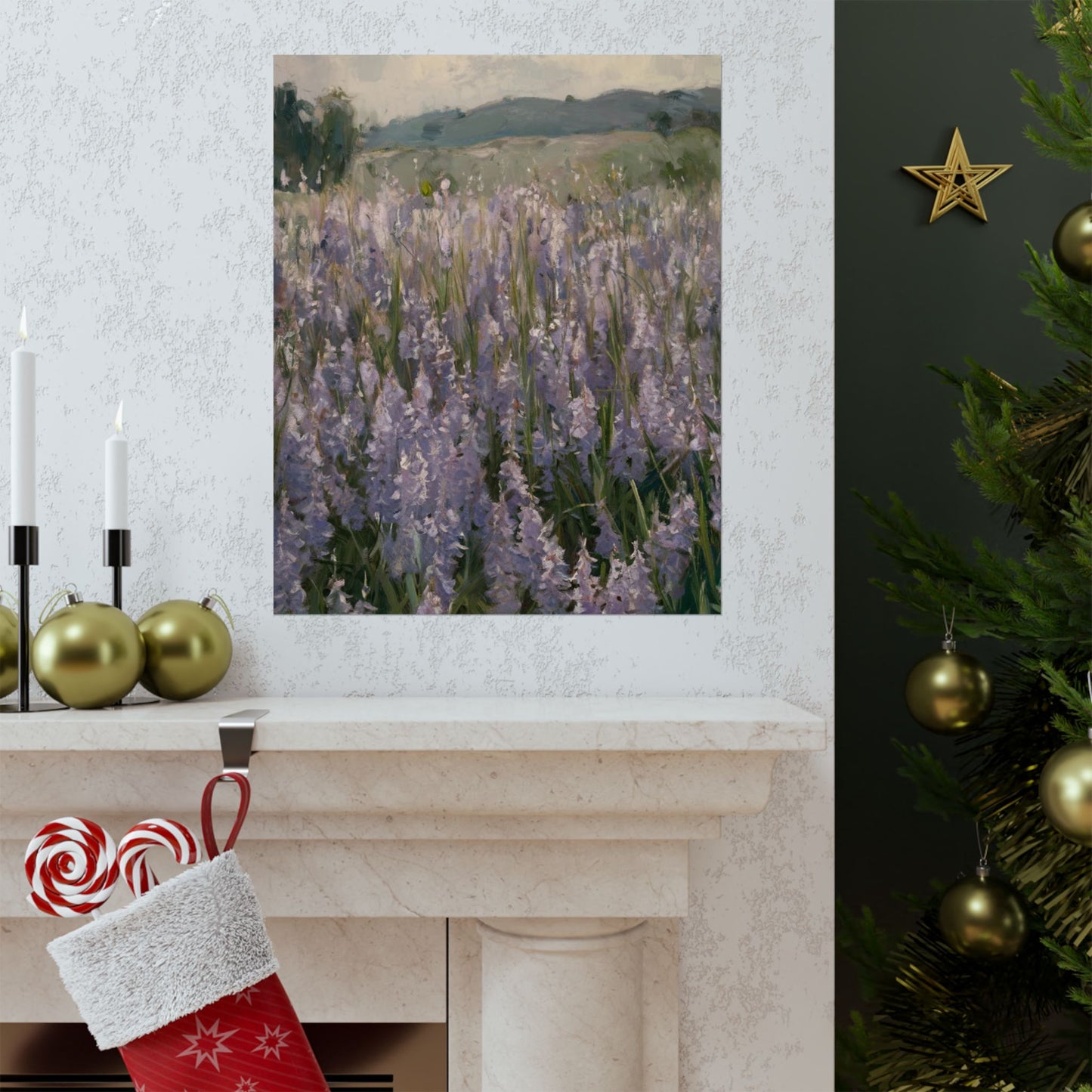 Póster vertical de campo de lavanda, arte mural botánico, decoración natural, estética del hogar, regalo para amantes de la jardinería.