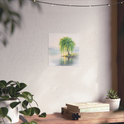 Vintage Willow Tree Watercolor Poster — Serene Lake Matte Vertical Art Print