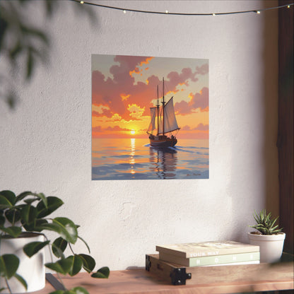Póster mate de velero al atardecer, arte náutico para pared, decoración costera, regalo para marineros, decoración de casa de playa