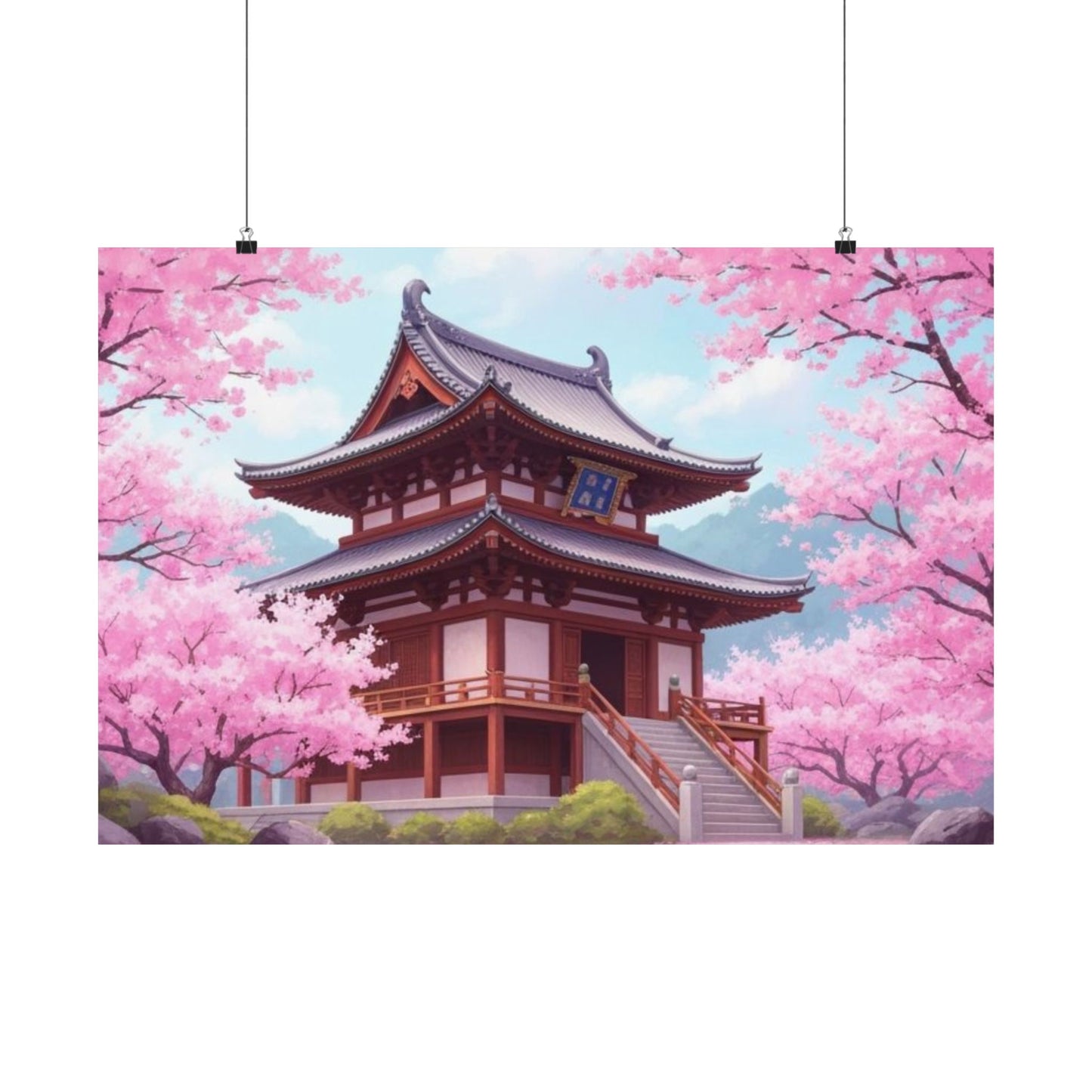 Wall Art Poster - Buddhist Temple with Cherry Blossoms, Japanese Art