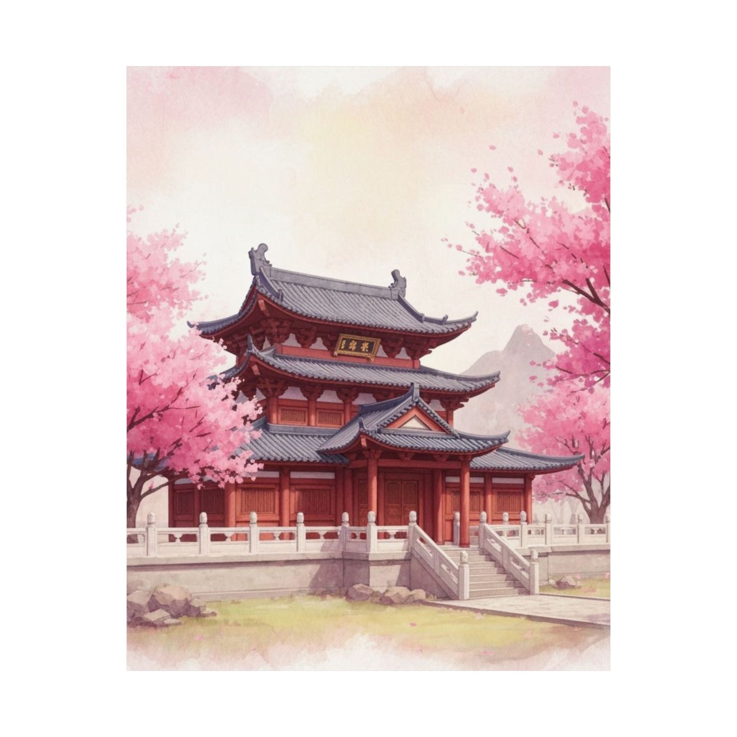 Digital download Vertical Poster - Buddhist Temple Cherry Blossom Japanese Art