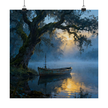 Vertical Posters - Misty Lake Rowboat Landscape Wall Art