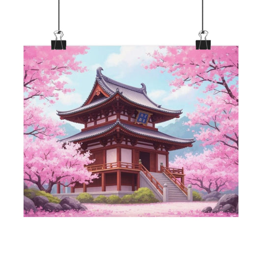 Wall Art Poster - Buddhist Temple with Cherry Blossoms, Japanese Art
