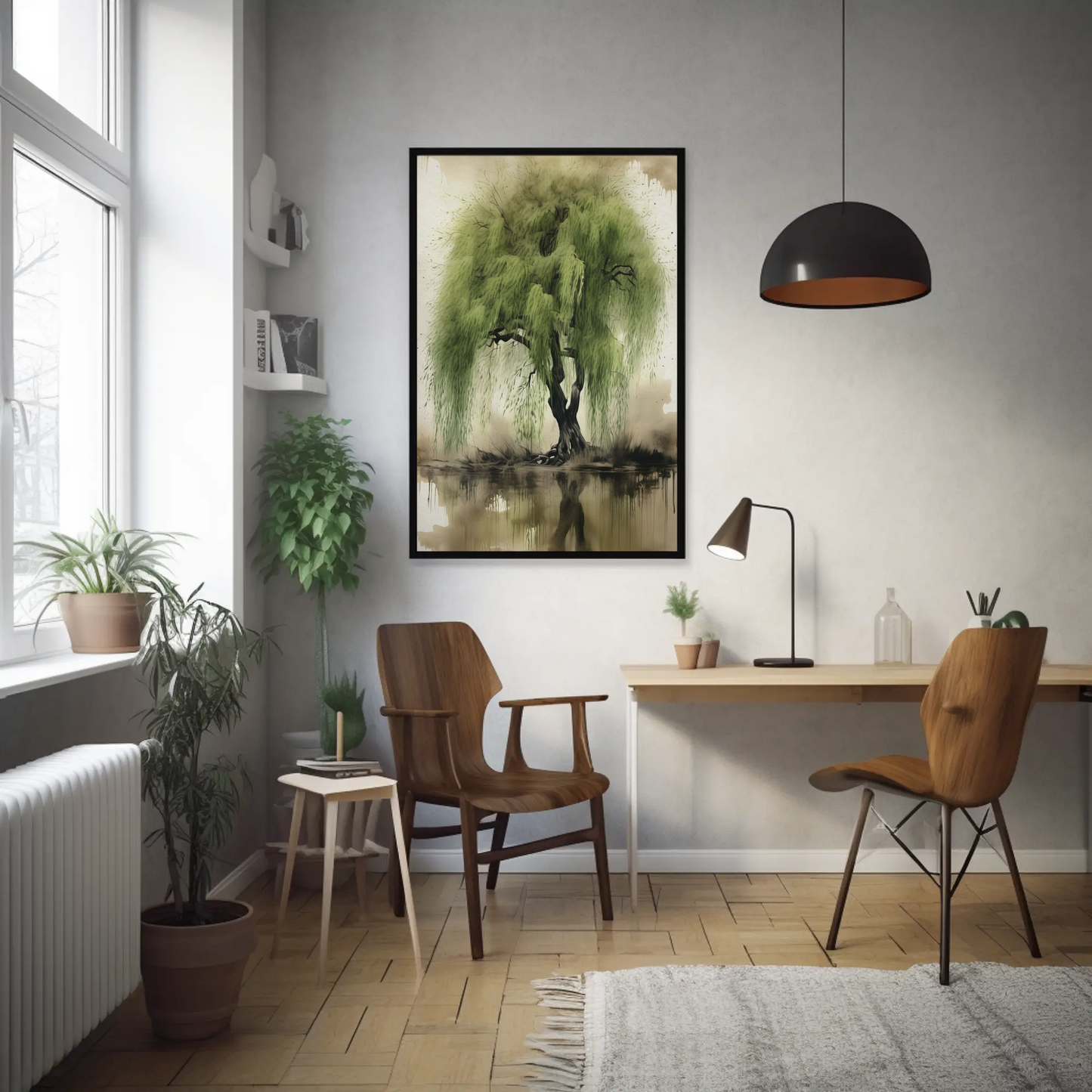 Póster de sauce sereno, descarga digital, arte mural estético, impresión natural, decoración del hogar, arte botánico, regalo para amantes de la naturaleza.