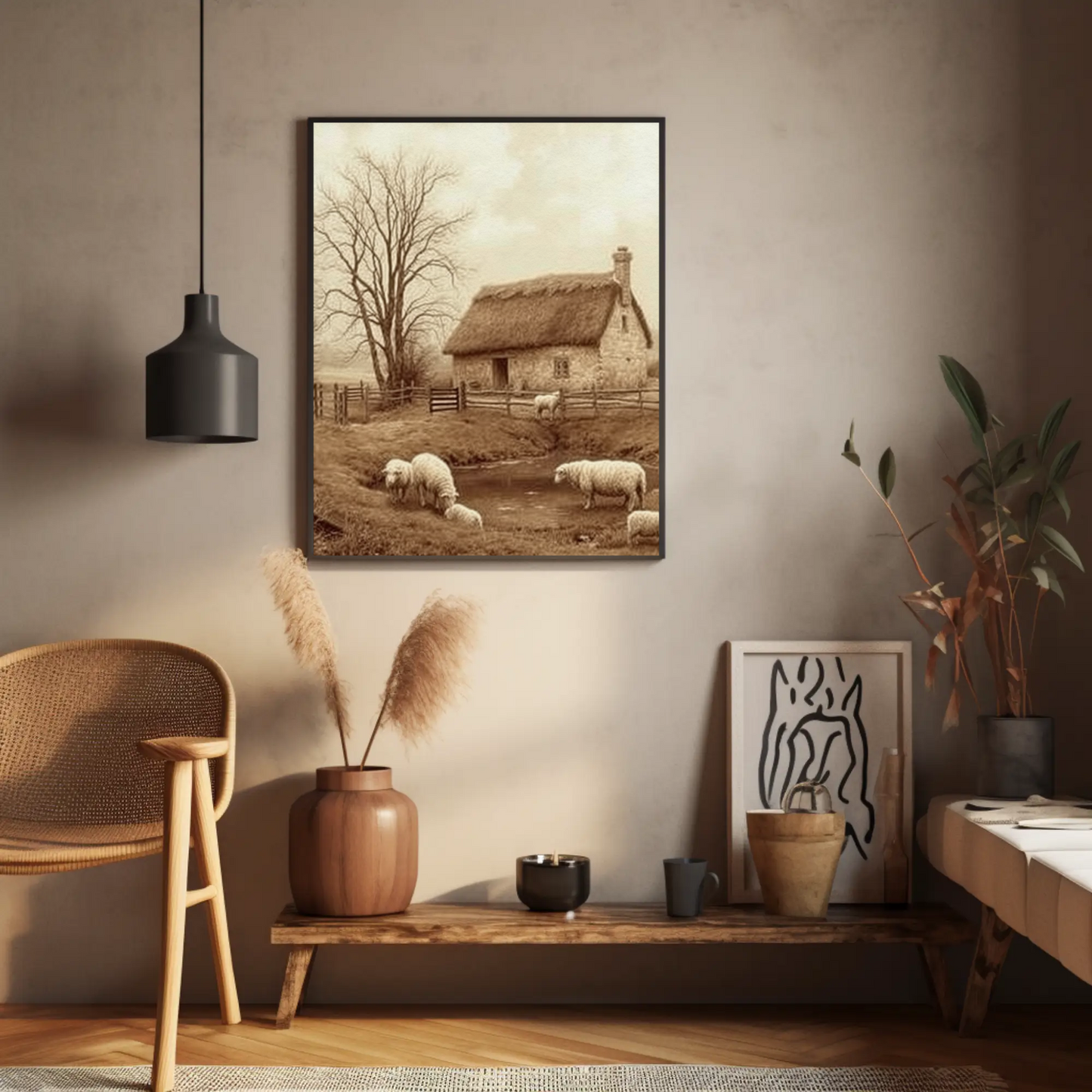 Descarga digital: Póster de casa de campo rústica, arte paisajístico, decoración de casa de campo, impresión de ovejas, arte mural para sala de estar, estética de casa de campo.