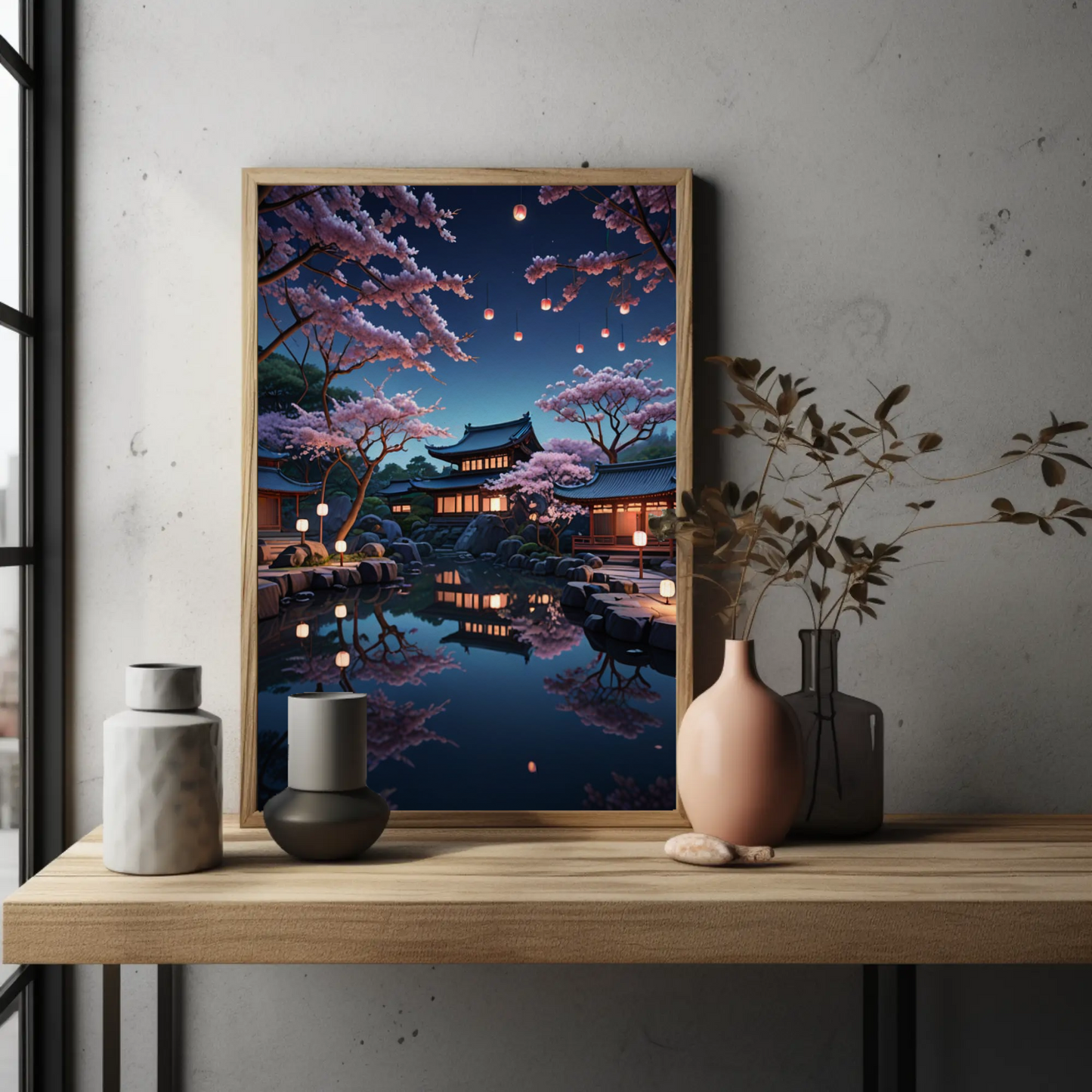 Póster vertical de flor de cerezo serena, arte de jardín japonés, decoración del hogar, arte mural con estética natural, regalo para amantes de la naturaleza.
