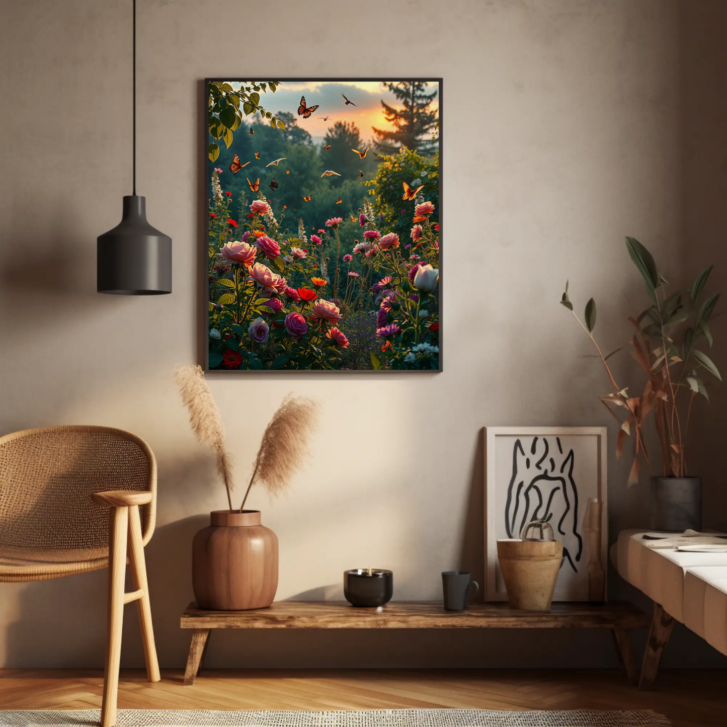 Póster de arte mural con diseño floral vibrante, decoración del hogar inspirada en la naturaleza, impresión de jardín de mariposas, obra de arte floral, regalo para amantes de la naturaleza, primavera [...]