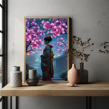 Digital download Posters - Geisha in Elegant Japanese Blossom Garden