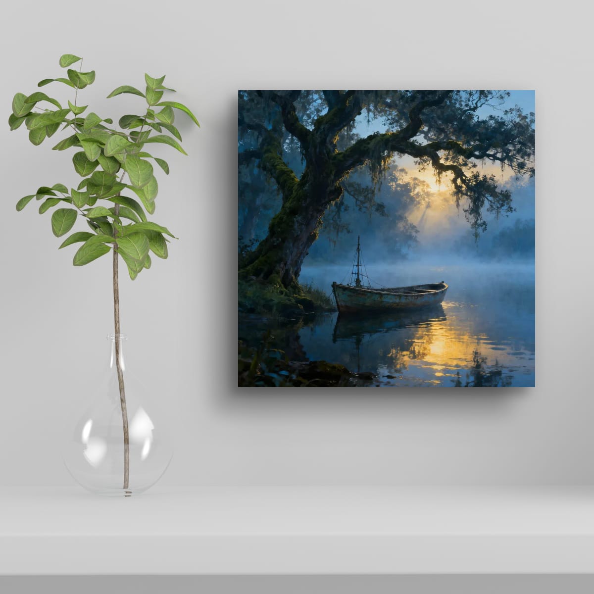 Vertical Posters - Misty Lake Rowboat Landscape Wall Art