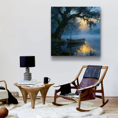 Vertical Posters - Misty Lake Rowboat Landscape Wall Art