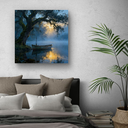 Vertical Posters - Misty Lake Rowboat Landscape Wall Art