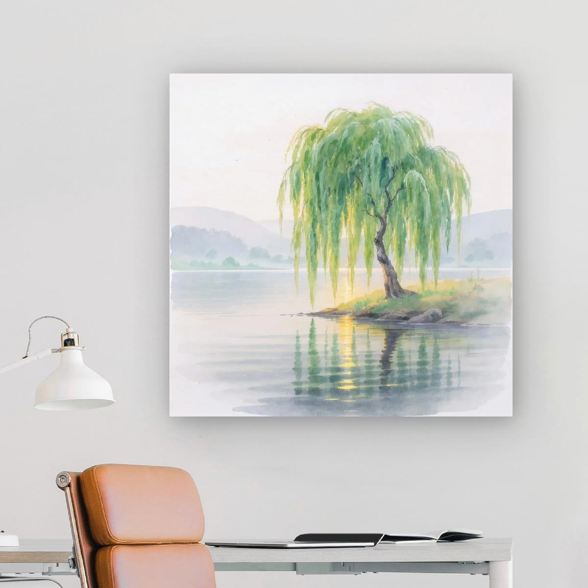 Vintage Willow Tree Watercolor Poster — Serene Lake Matte Vertical Art Print