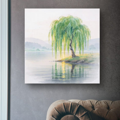 Vintage Willow Tree Watercolor Poster — Serene Lake Matte Vertical Art Print