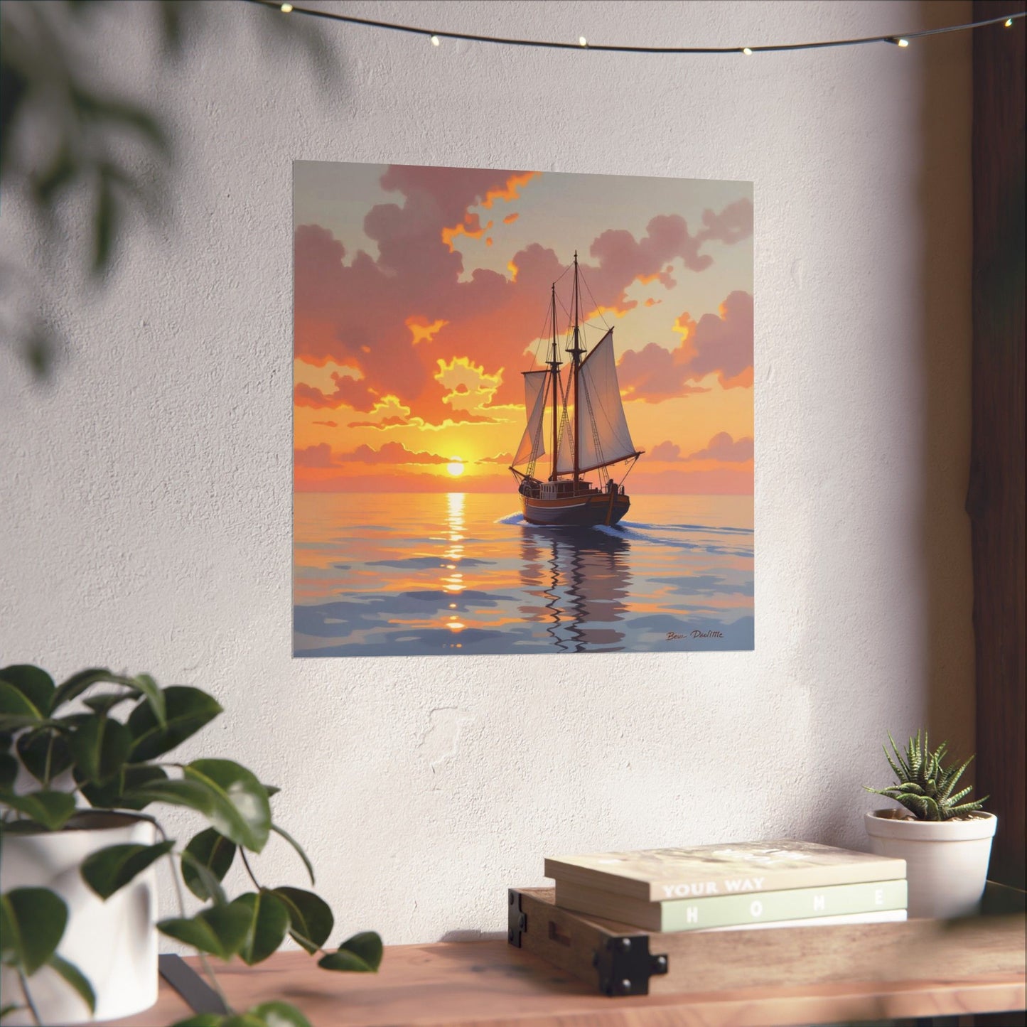 Póster mate de velero al atardecer, arte náutico para pared, decoración costera, regalo para marineros, decoración de casa de playa