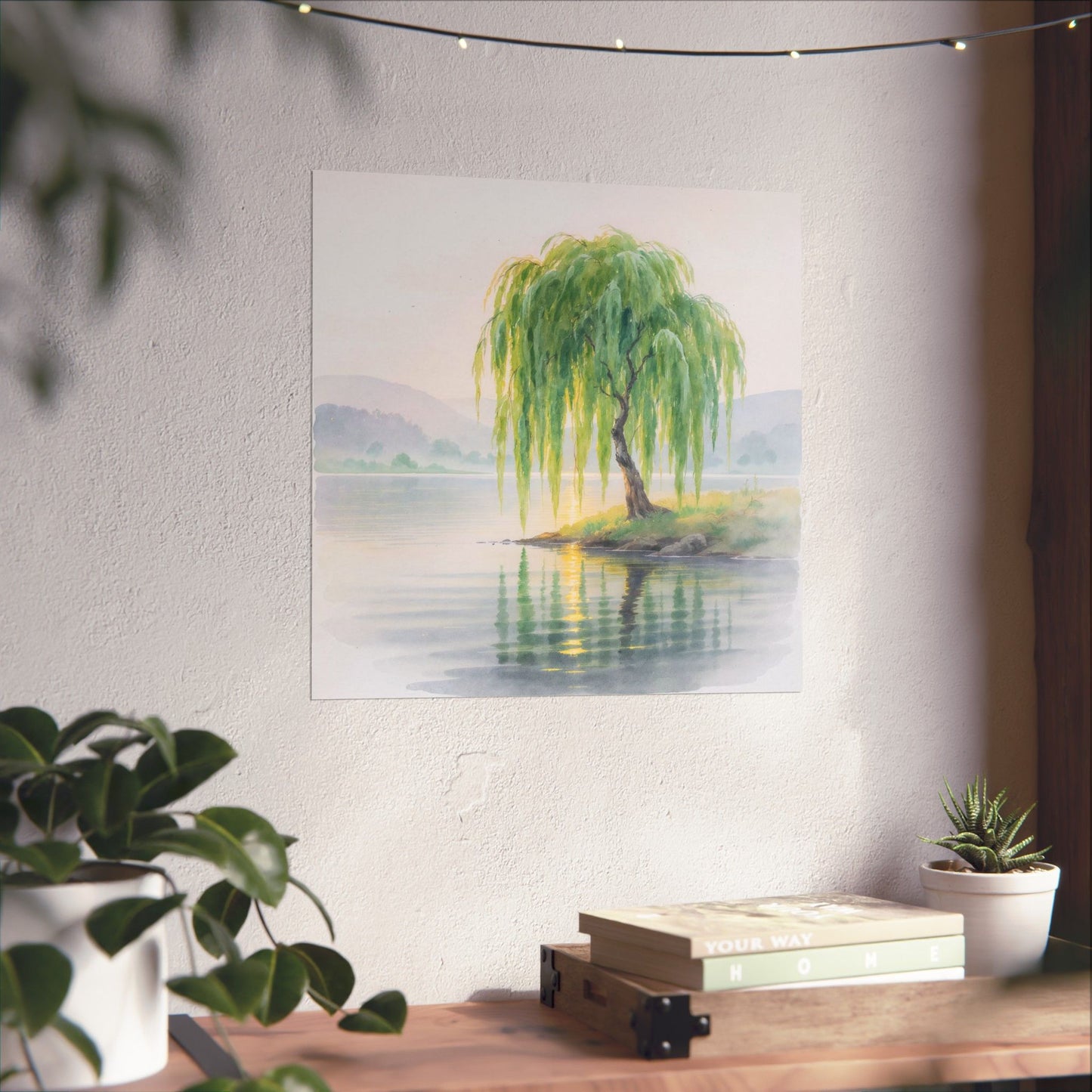 Vintage Willow Tree Watercolor Poster — Serene Lake Matte Vertical Art Print