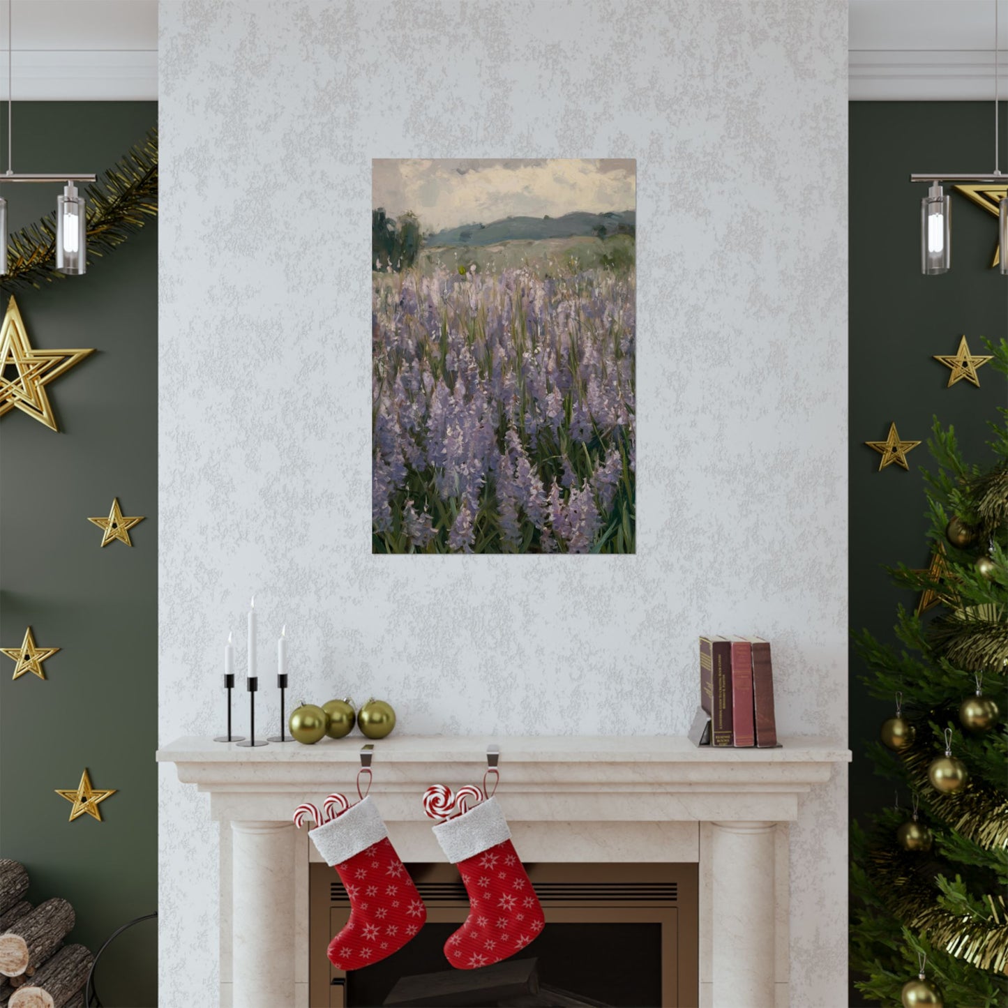 Póster vertical de campo de lavanda, arte mural botánico, decoración natural, estética del hogar, regalo para amantes de la jardinería.