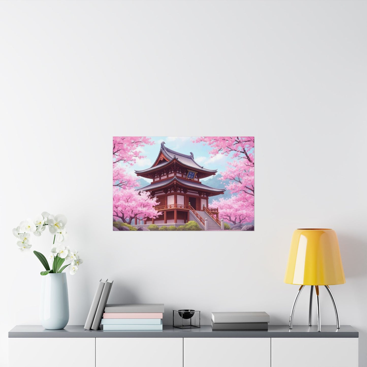 Wall Art Poster - Buddhist Temple with Cherry Blossoms, Japanese Art