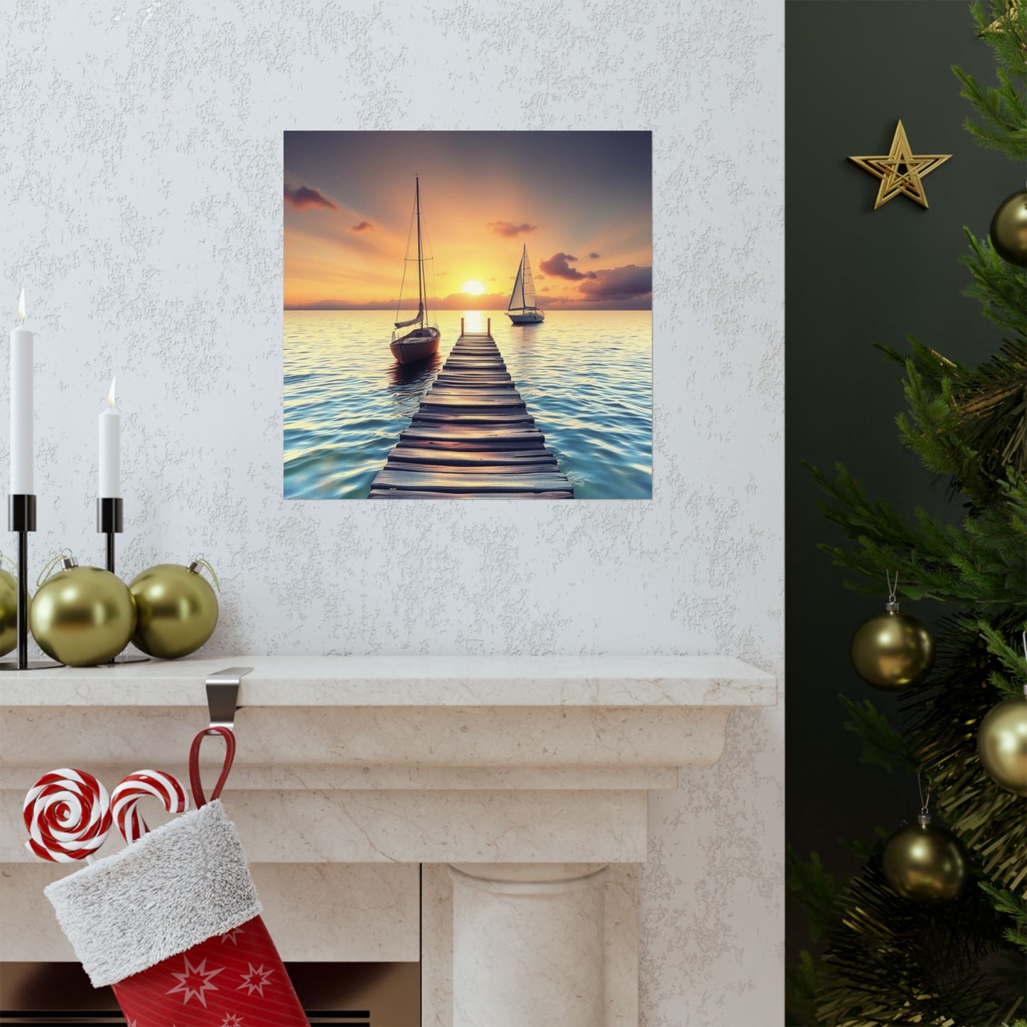 Póster de velero sereno, arte mural de océano en calma, decoración náutica, estética tranquila para el hogar, impresión de atardecer, regalo relajante