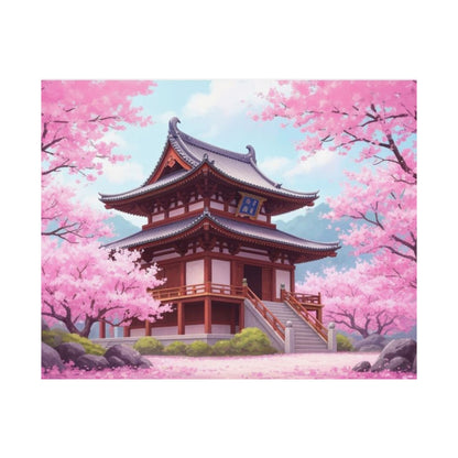 Wall Art Poster - Buddhist Temple with Cherry Blossoms, Japanese Art