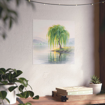 Vintage Willow Tree Watercolor Poster — Serene Lake Matte Vertical Art Print