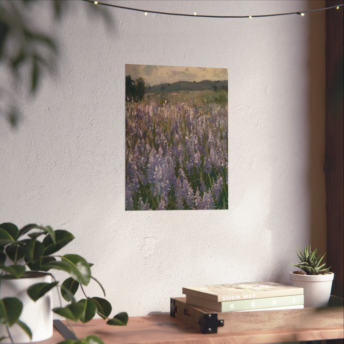 Póster vertical de campo de lavanda, arte mural botánico, decoración natural, estética del hogar, regalo para amantes de la jardinería.