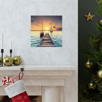 Póster de velero sereno, arte mural de océano en calma, decoración náutica, estética tranquila para el hogar, impresión de atardecer, regalo relajante