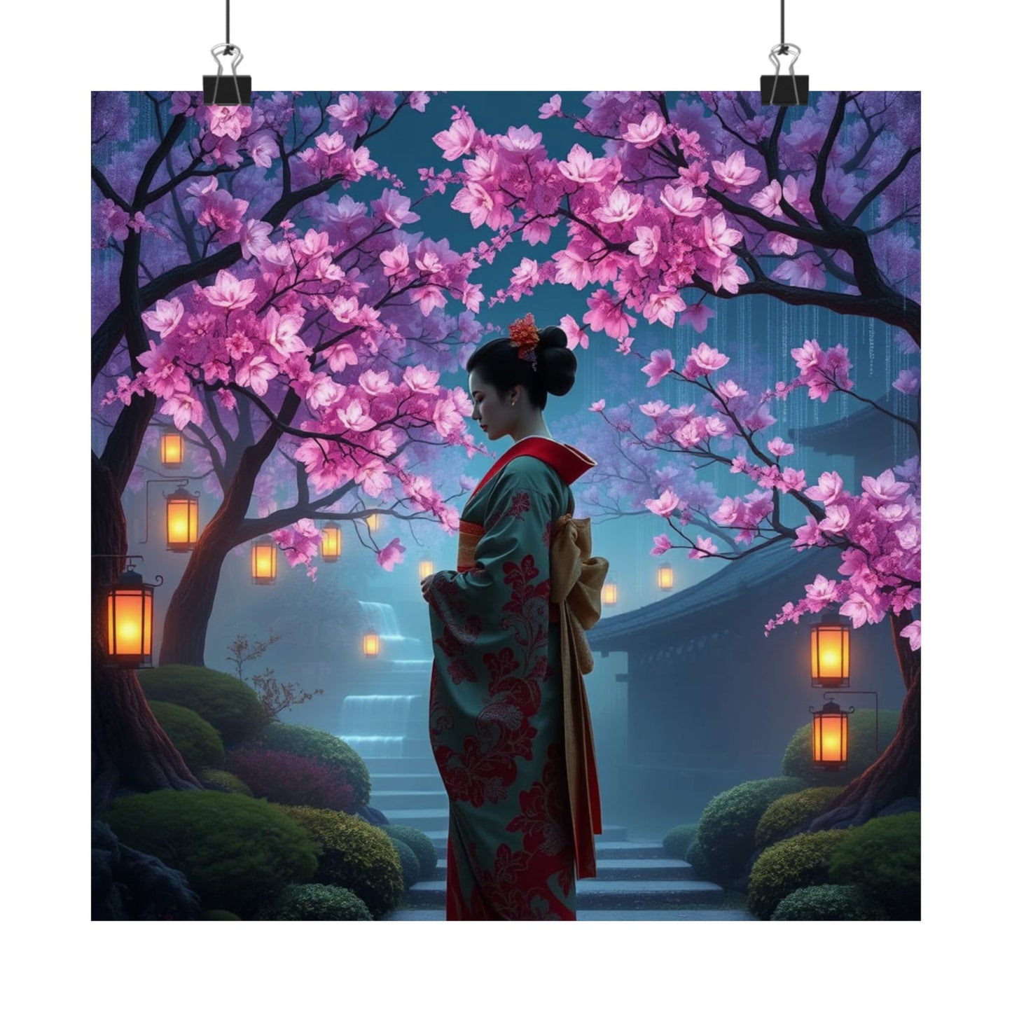 Digital download Posters - Geisha in Elegant Japanese Blossom Garden
