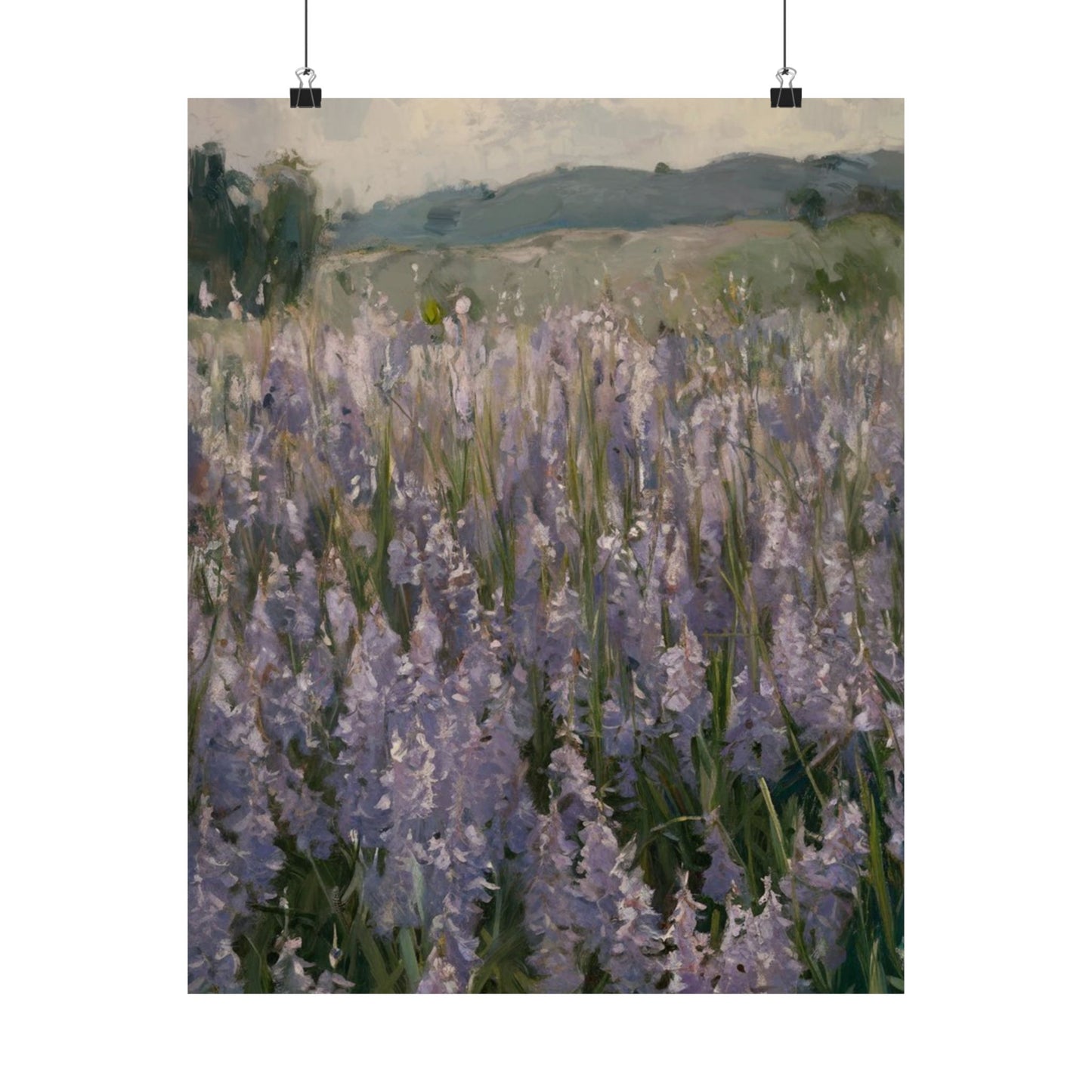 Póster vertical de campo de lavanda, arte mural botánico, decoración natural, estética del hogar, regalo para amantes de la jardinería.