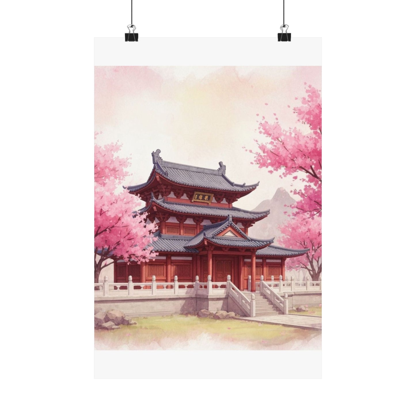 Digital download Vertical Poster - Buddhist Temple Cherry Blossom Japanese Art