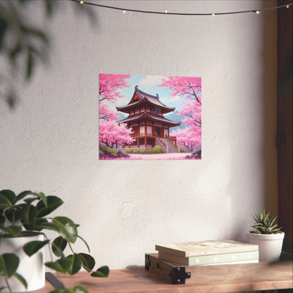 Wall Art Poster - Buddhist Temple with Cherry Blossoms, Japanese Art