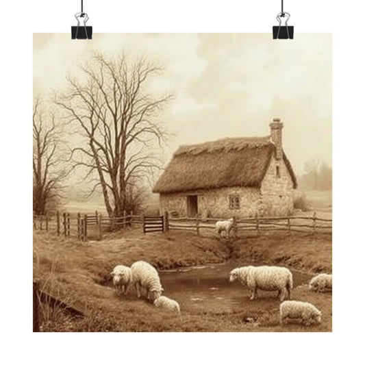 Póster de casa de campo rústica, arte paisajístico vintage, decoración de casa de campo, estampado de ovejas, arte mural para sala de estar, estética de granja
