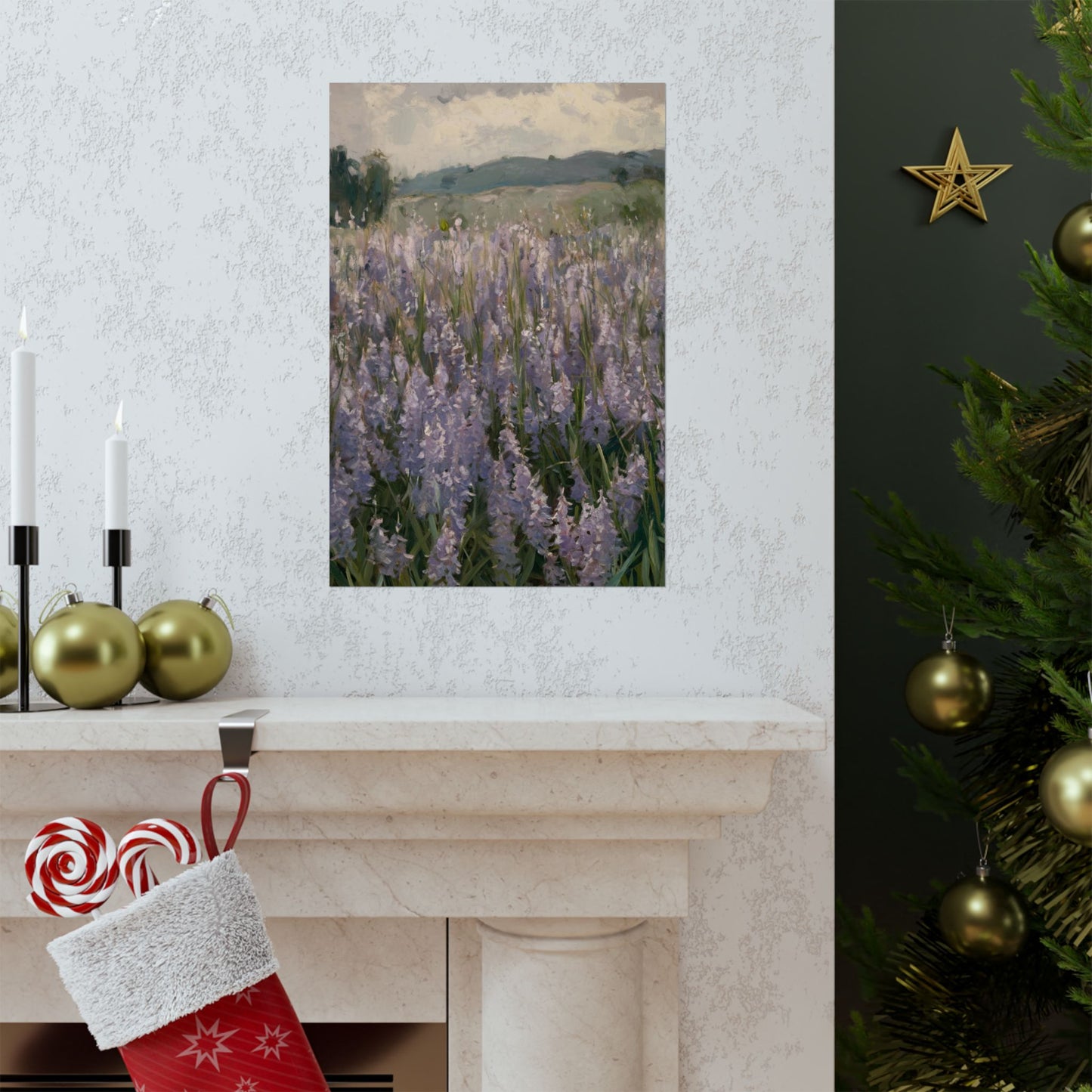 Póster vertical de campo de lavanda, arte mural botánico, decoración natural, estética del hogar, regalo para amantes de la jardinería.
