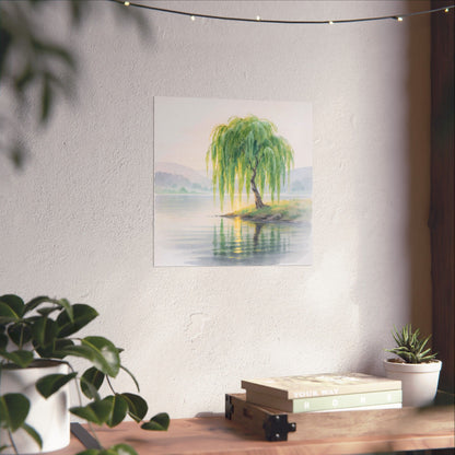 Vintage Willow Tree Watercolor Poster — Serene Lake Matte Vertical Art Print
