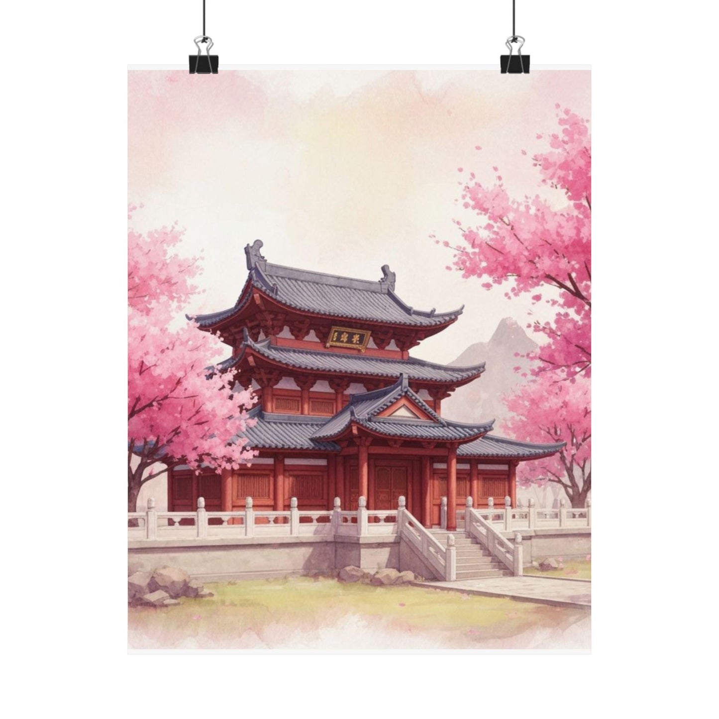 Digital download Vertical Poster - Buddhist Temple Cherry Blossom Japanese Art