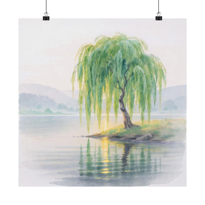 Vintage Willow Tree Watercolor Poster — Serene Lake Matte Vertical Art Print