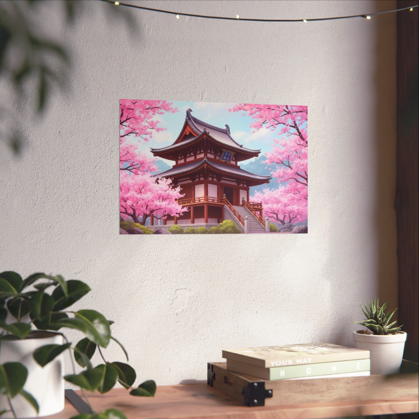 Wall Art Poster - Buddhist Temple with Cherry Blossoms, Japanese Art