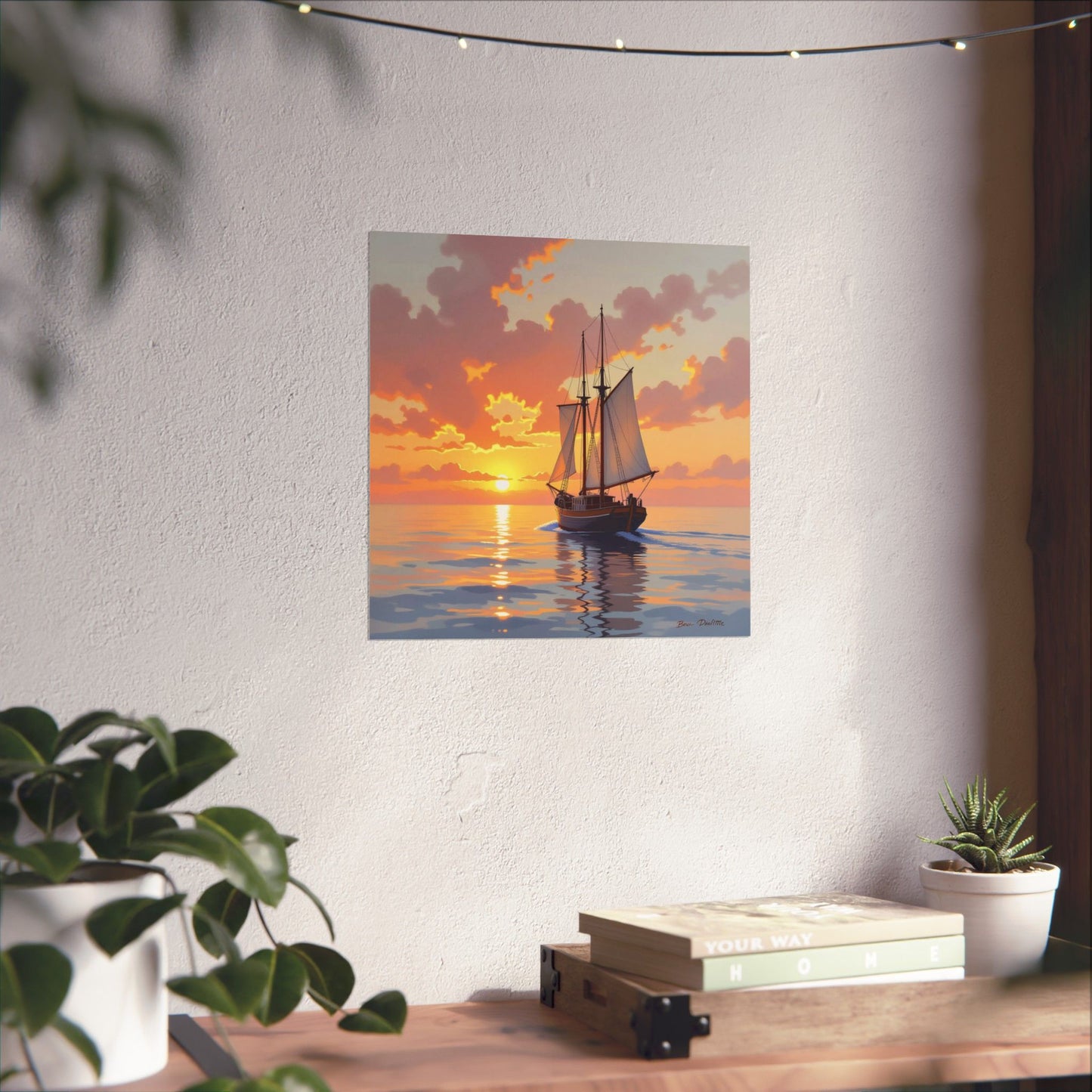 Póster mate de velero al atardecer, arte náutico para pared, decoración costera, regalo para marineros, decoración de casa de playa