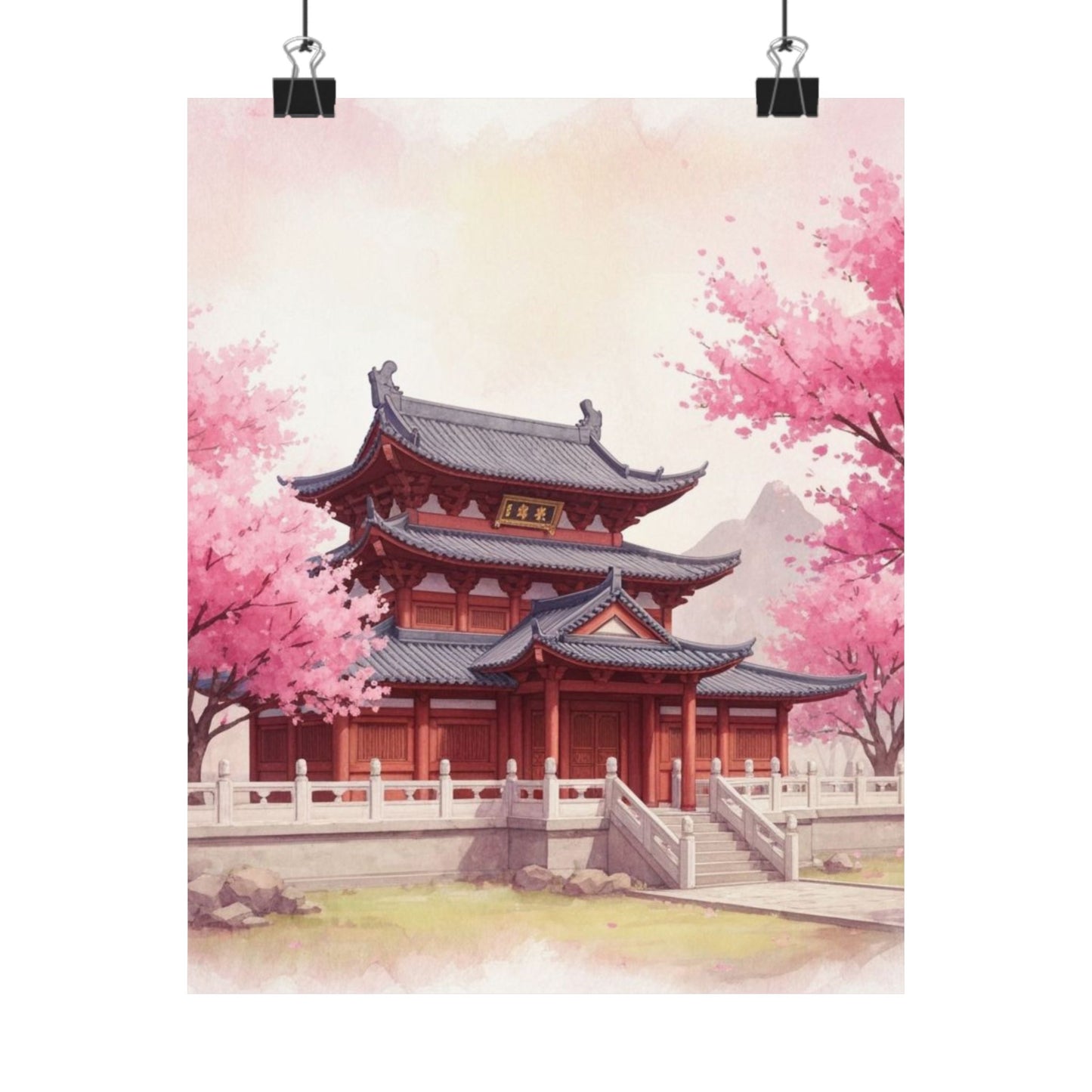 Digital download Vertical Poster - Buddhist Temple Cherry Blossom Japanese Art
