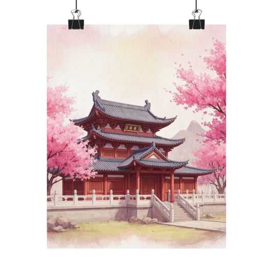 Vertical Poster - Buddhist Temple Cherry Blossom Japanese Art