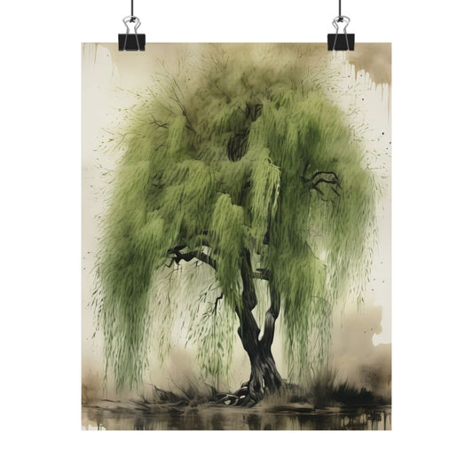 Póster de sauce sereno, arte mural estético vintage, impresión natural, decoración del hogar, arte botánico, regalo para amantes de la naturaleza.