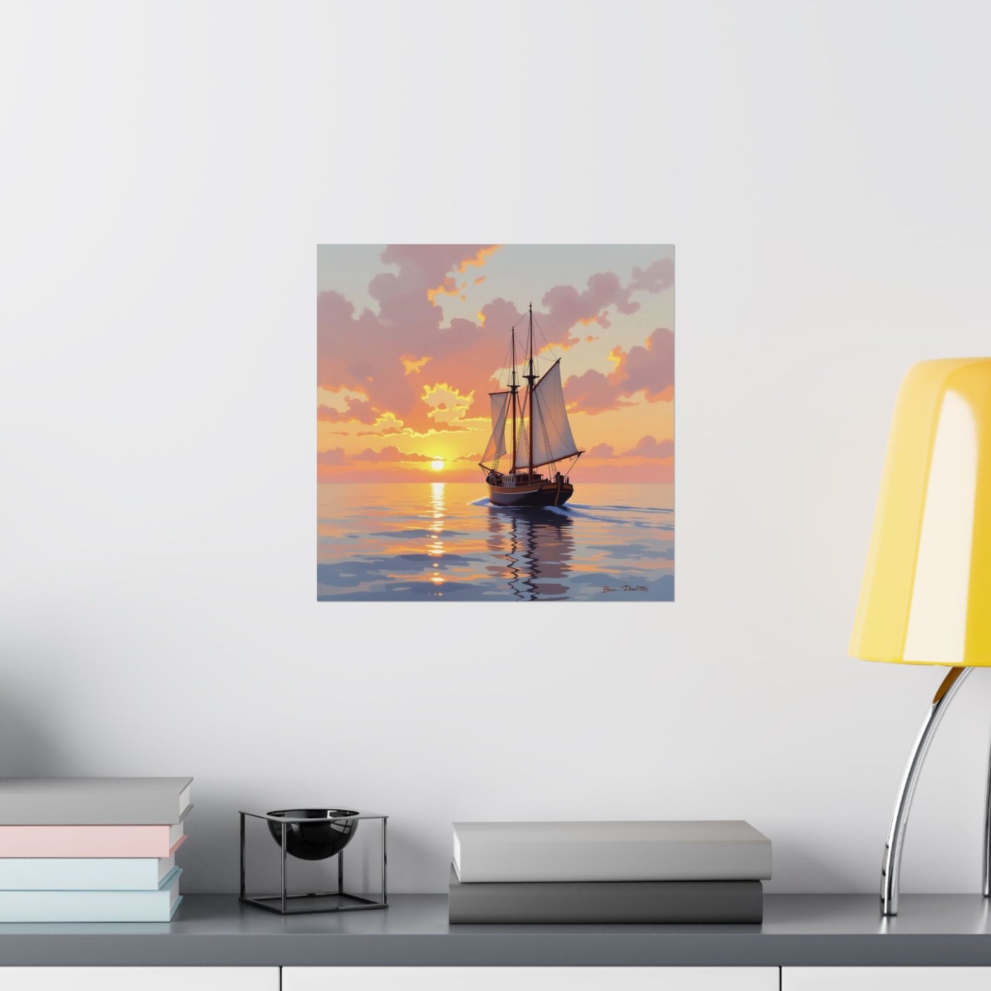 Póster mate de velero al atardecer, arte náutico para pared, decoración costera, regalo para marineros, decoración de casa de playa