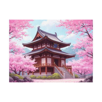 Wall Art Poster - Buddhist Temple with Cherry Blossoms, Japanese Art