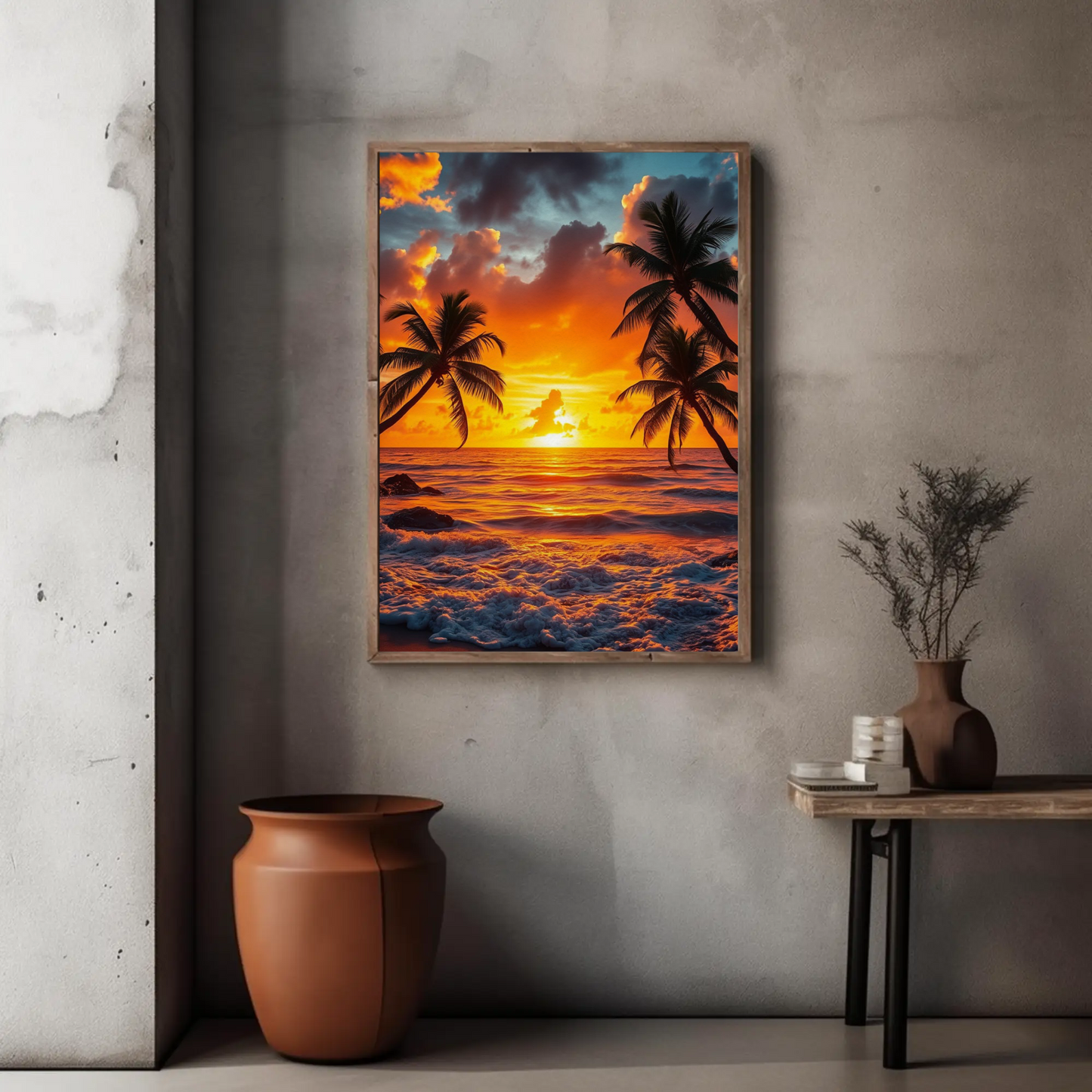 Póster de atardecer tropical, descarga digital, decoración mate, arte mural costero, ambiente playero, estética del hogar, decoración de verano, regalo para él/ella.