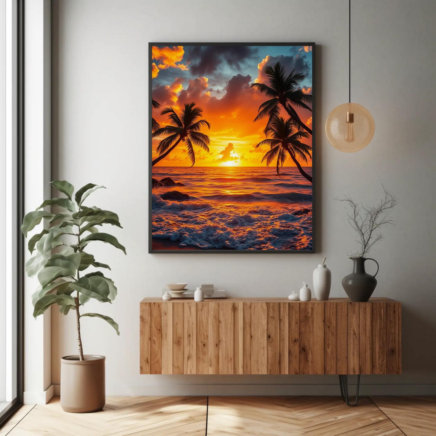 Póster de atardecer tropical, descarga digital, decoración mate, arte mural costero, ambiente playero, estética del hogar, decoración de verano, regalo para él/ella.
